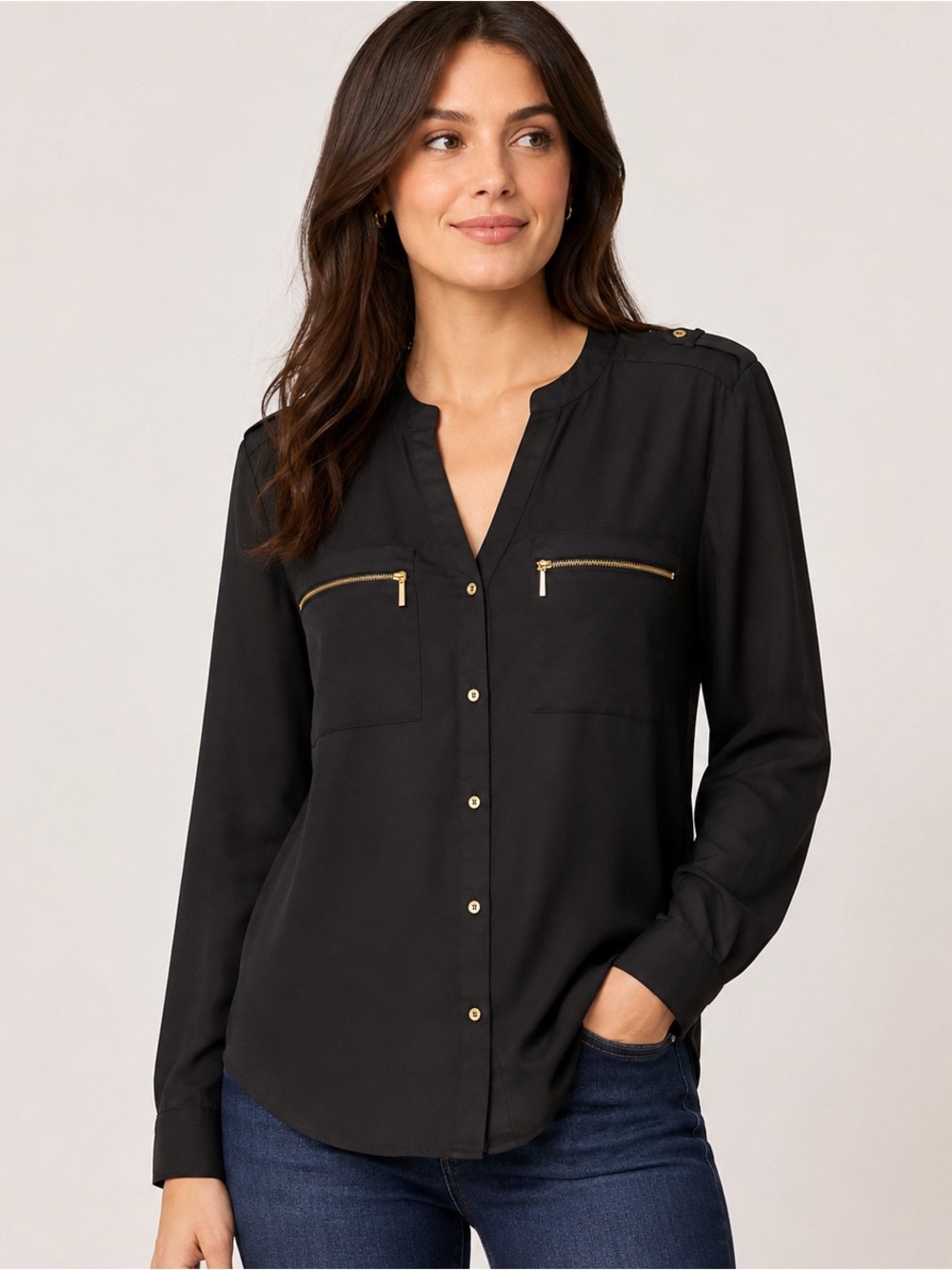 Premise Studio Black Zip Pocket Blouse | Gold Hardware | Long Sleeve | Size 14